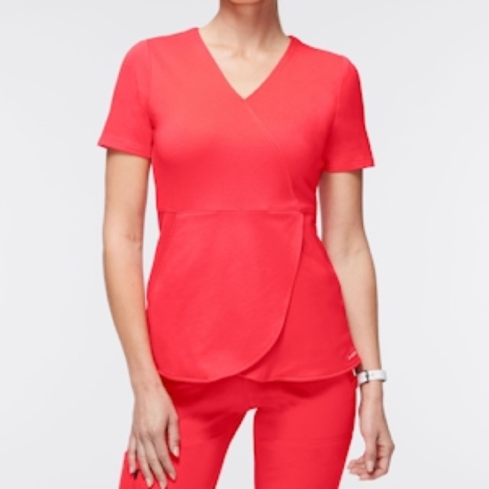 JAANUU Women's XS Tulip Mock-Wrap Scrub Top in Coral